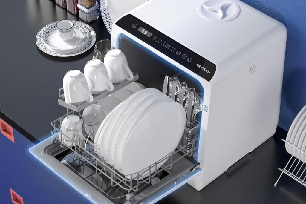 AIRMSEN portable countertop dishwasher with glass door and LED interior light