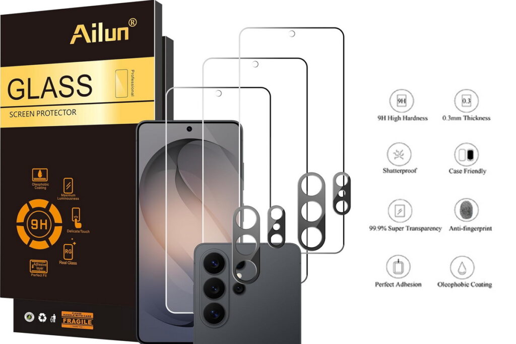 Ailun Samsung Galaxy S26 Ultra tempered glass screen protector and camera lens protector pack