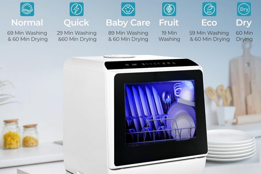 EUHOMY portable countertop dishwasher with 5L water tank and quiet operation