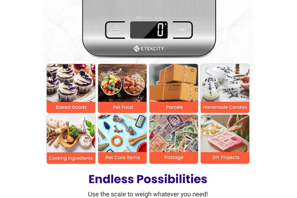 digital kitchen scale with stainless steel surface for precise cooking measurements